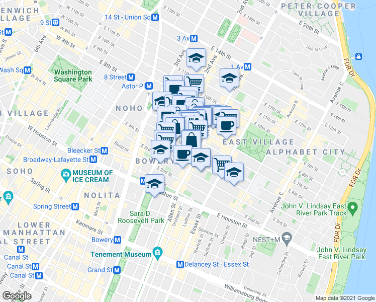 map of restaurants, bars, coffee shops, grocery stores, and more near 331 East 5th Street in New York
