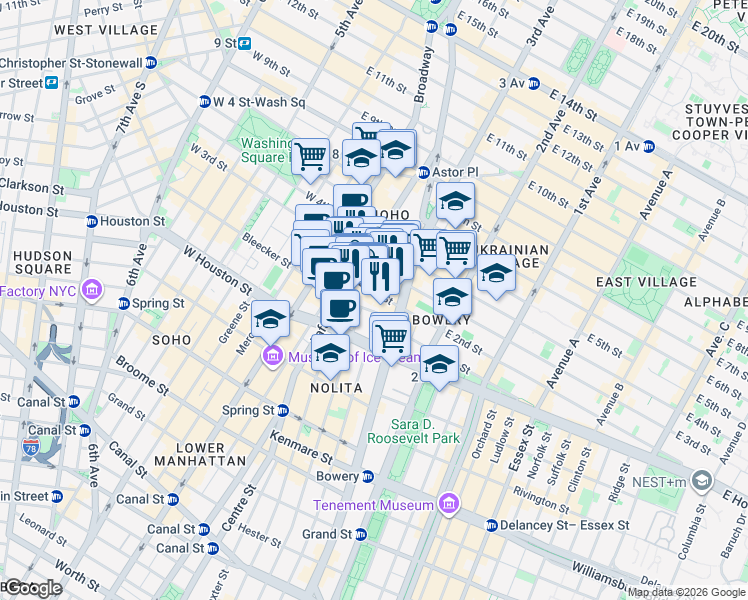 map of restaurants, bars, coffee shops, grocery stores, and more near 30 Bond Street in New York