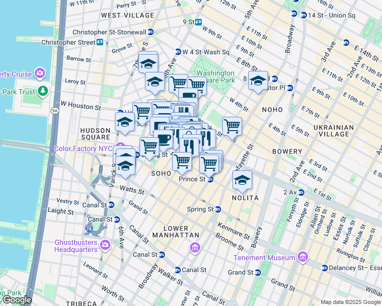 map of restaurants, bars, coffee shops, grocery stores, and more near 71 West Houston Street in New York