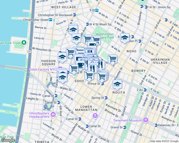 map of restaurants, bars, coffee shops, grocery stores, and more near 71 West Houston Street in New York