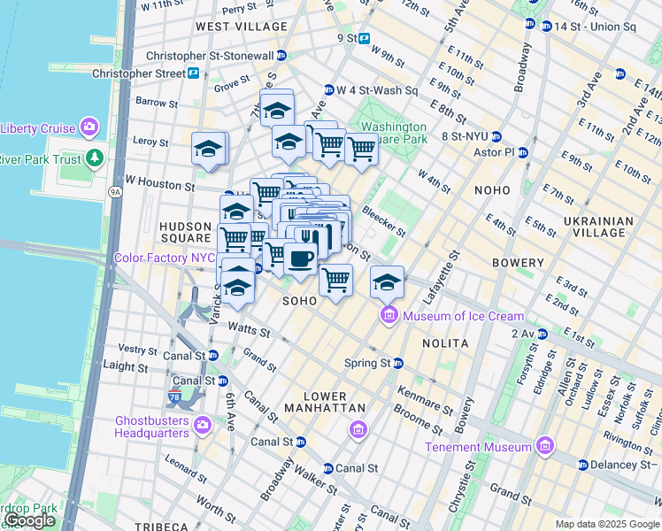 map of restaurants, bars, coffee shops, grocery stores, and more near 155-159 Sullivan Street in New York