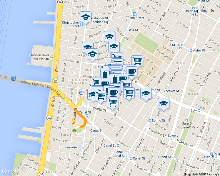 map of restaurants, bars, coffee shops, grocery stores, and more near 144 Sullivan Street in New York