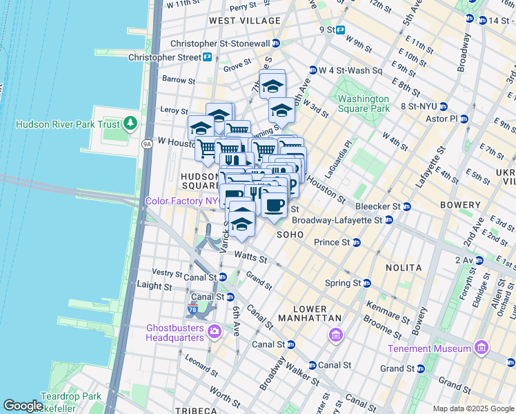 map of restaurants, bars, coffee shops, grocery stores, and more near 14 Charlton Street in New York
