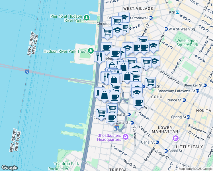 map of restaurants, bars, coffee shops, grocery stores, and more near 5322 Washington Street in New York