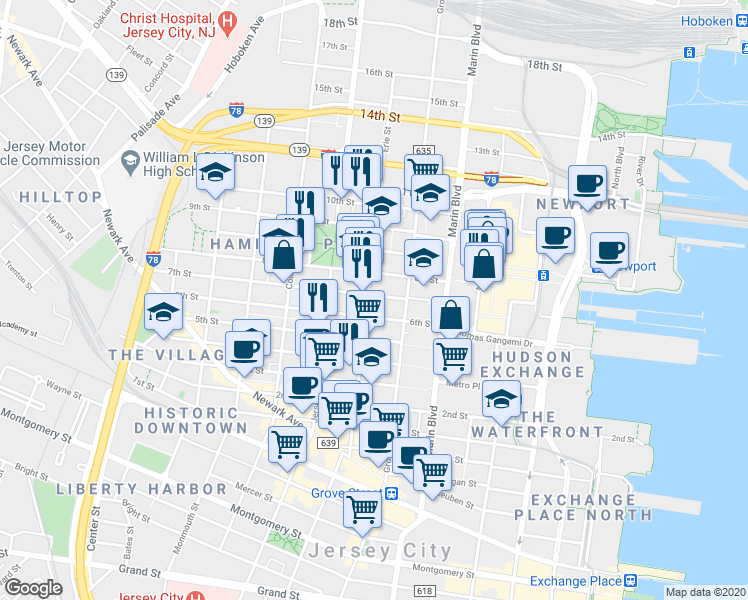 map of restaurants, bars, coffee shops, grocery stores, and more near in Jersey City