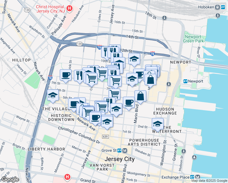 map of restaurants, bars, coffee shops, grocery stores, and more near 249 8th Street in Jersey City