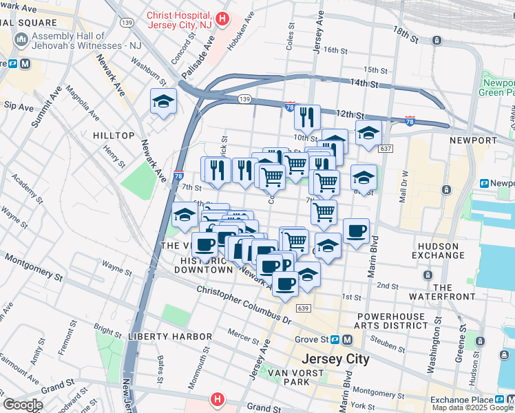map of restaurants, bars, coffee shops, grocery stores, and more near 299 7th Street in Jersey City
