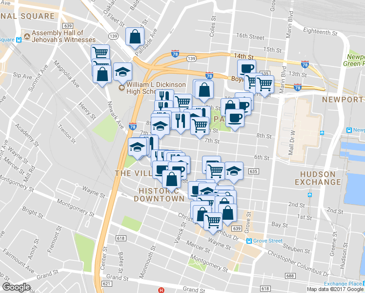 map of restaurants, bars, coffee shops, grocery stores, and more near 463 Monmouth Street in Jersey City