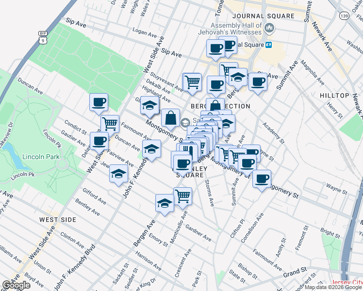 map of restaurants, bars, coffee shops, grocery stores, and more near 798-808 Montgomery Street in Jersey City