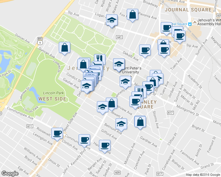map of restaurants, bars, coffee shops, grocery stores, and more near 413 Fairmount Avenue in Jersey City