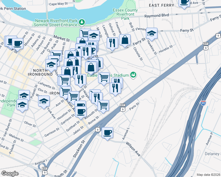 map of restaurants, bars, coffee shops, grocery stores, and more near 91 Main Street in Newark