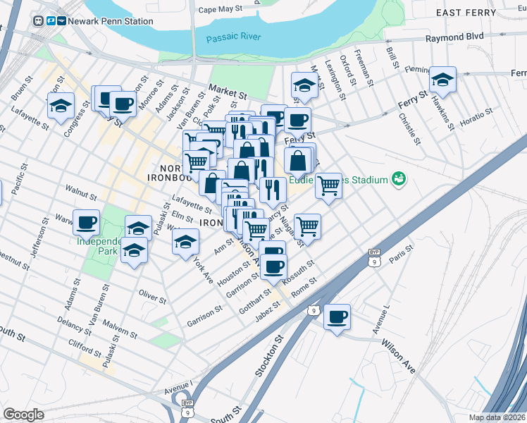 map of restaurants, bars, coffee shops, grocery stores, and more near 61 Niagara Street in Newark