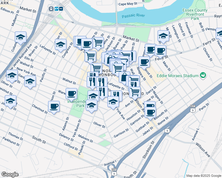 map of restaurants, bars, coffee shops, grocery stores, and more near 387 Lafayette Street in Newark