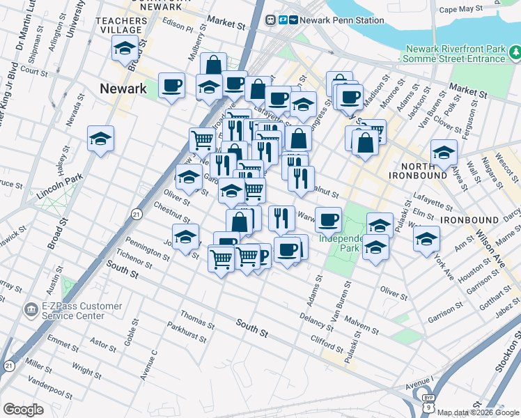 map of restaurants, bars, coffee shops, grocery stores, and more near 6 Warwick Street in Newark