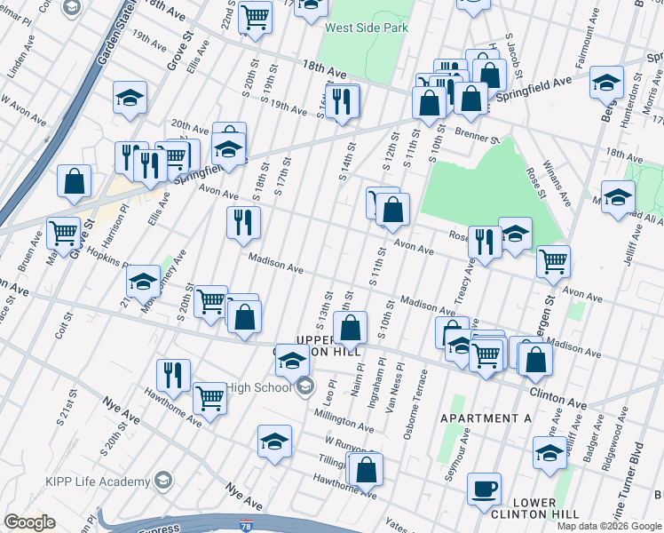map of restaurants, bars, coffee shops, grocery stores, and more near 800 South 14th Street in Newark