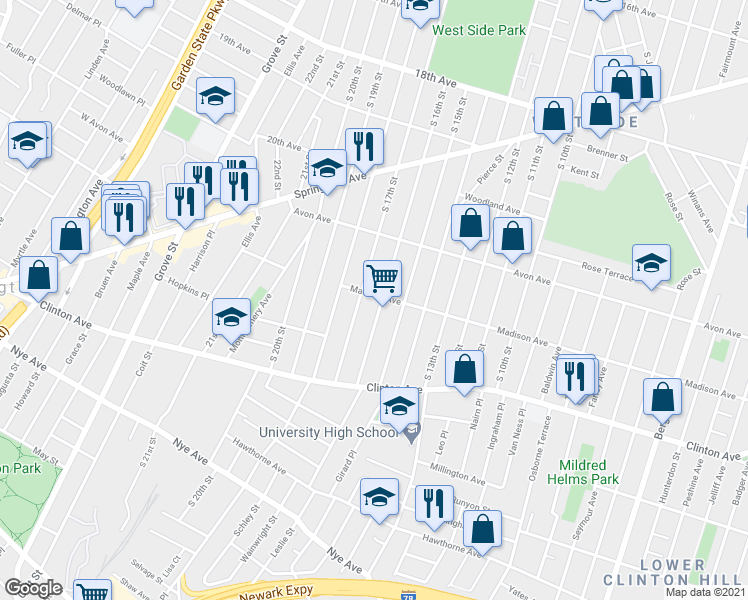 map of restaurants, bars, coffee shops, grocery stores, and more near 823-845 South 16th Street in Newark