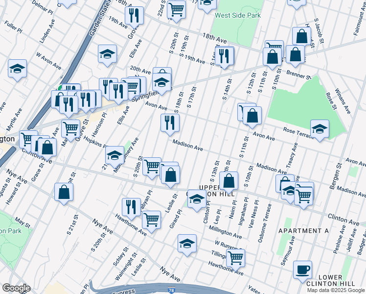 map of restaurants, bars, coffee shops, grocery stores, and more near 823-845 South 16th Street in Newark