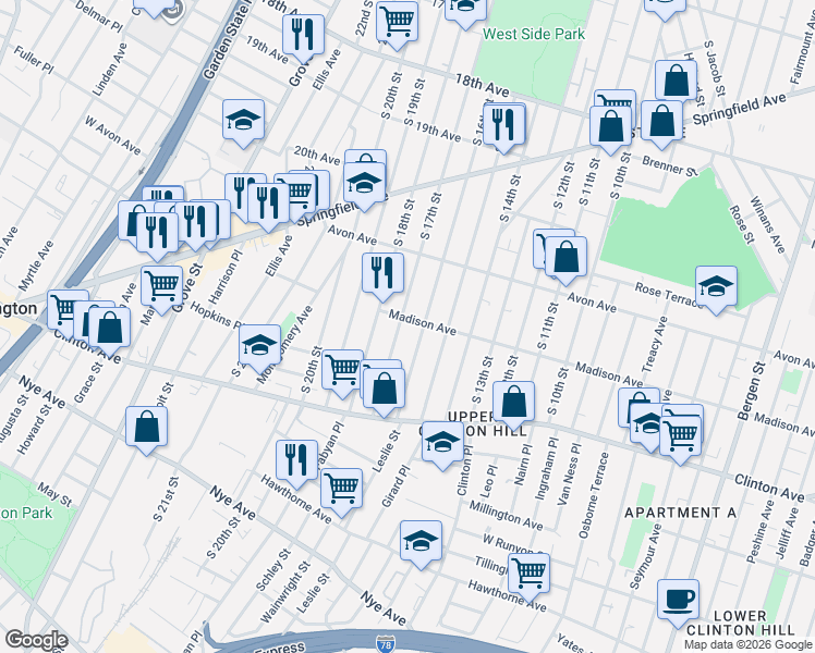 map of restaurants, bars, coffee shops, grocery stores, and more near in Newark