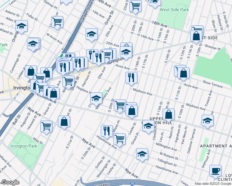 map of restaurants, bars, coffee shops, grocery stores, and more near 862 South 20th Street in Newark