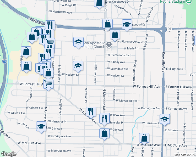 map of restaurants, bars, coffee shops, grocery stores, and more near 701-799 West Hudson Street in Peoria