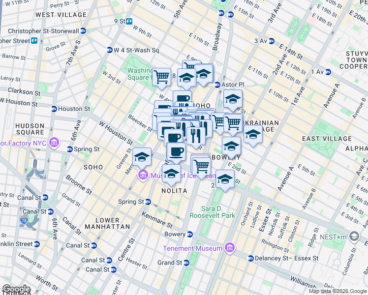 map of restaurants, bars, coffee shops, grocery stores, and more near 30 Bond Street in New York
