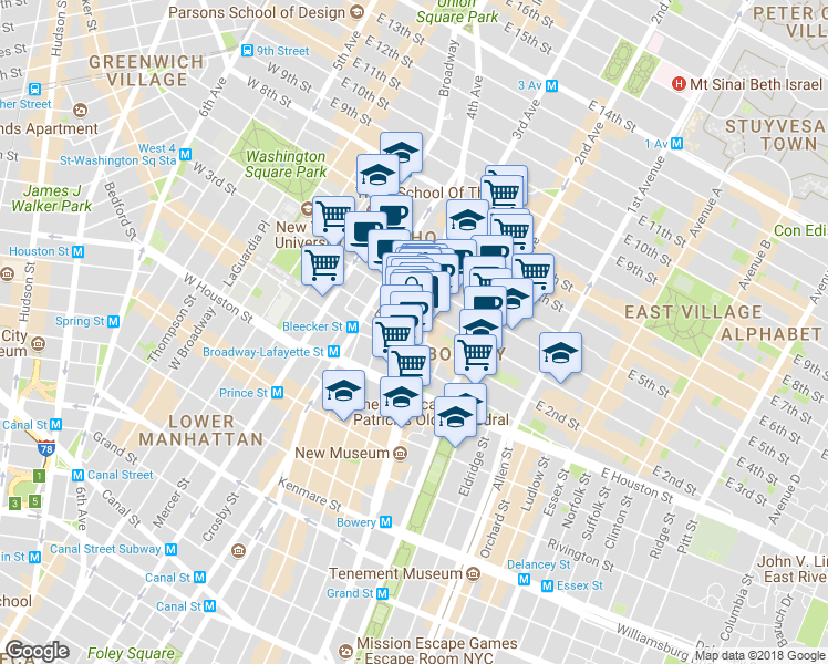 map of restaurants, bars, coffee shops, grocery stores, and more near 330 Bowery in New York