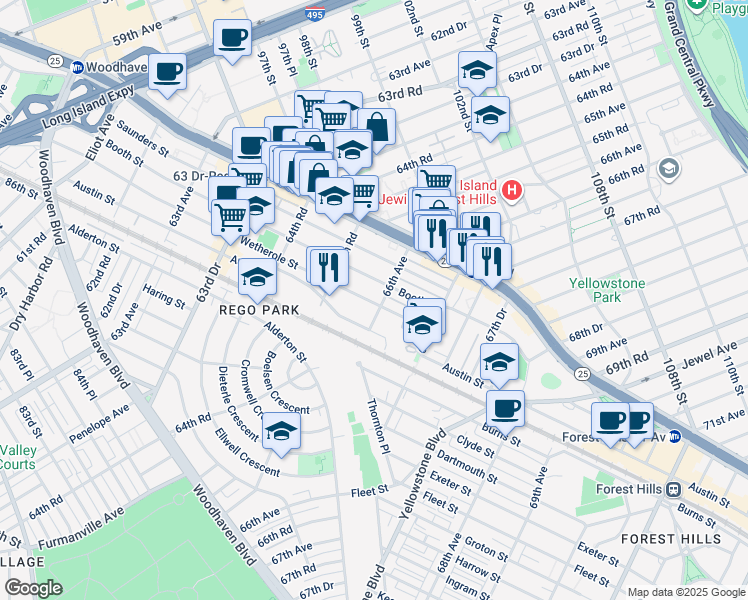 map of restaurants, bars, coffee shops, grocery stores, and more near 9609 66th Avenue in Queens