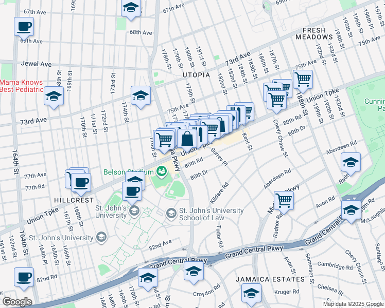 map of restaurants, bars, coffee shops, grocery stores, and more near in Queens