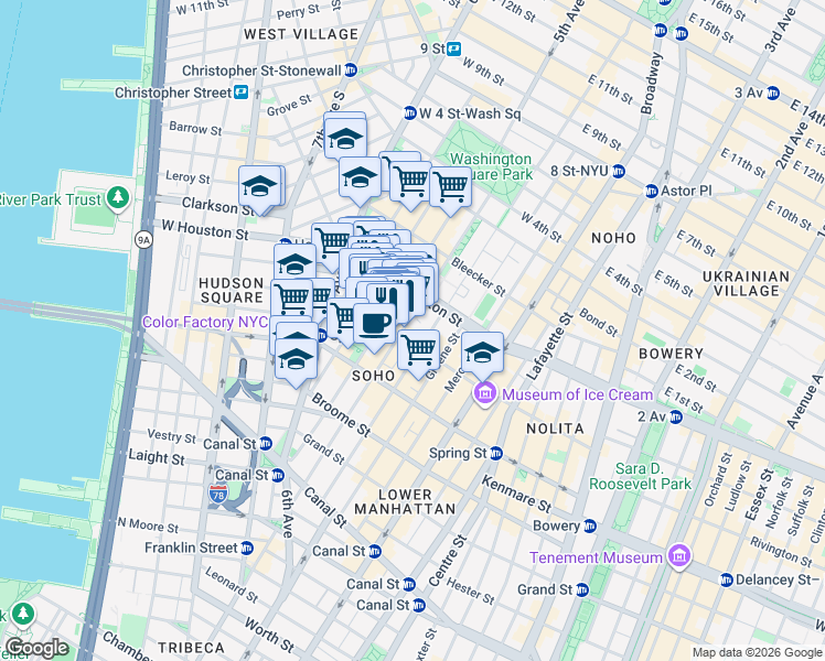 map of restaurants, bars, coffee shops, grocery stores, and more near 155-159 Sullivan Street in New York
