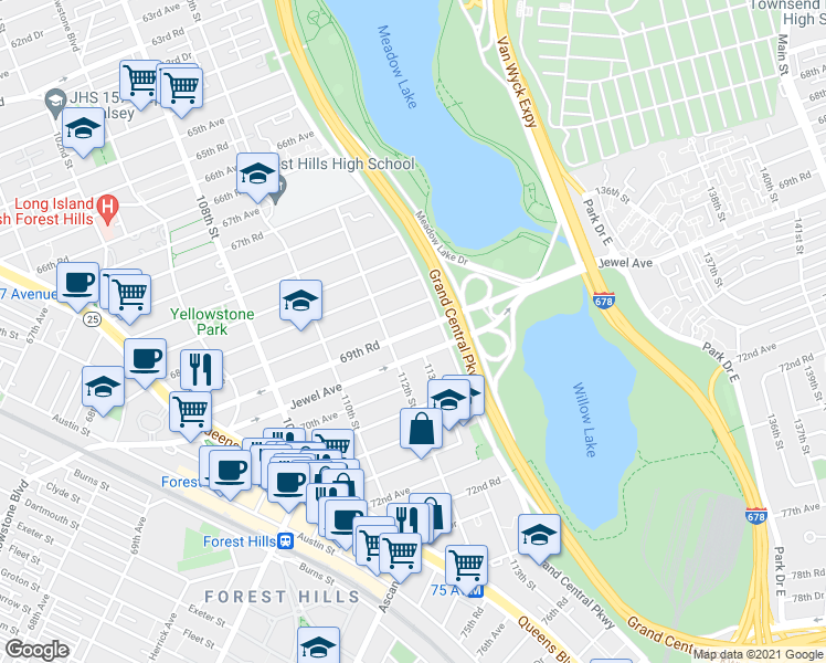 map of restaurants, bars, coffee shops, grocery stores, and more near 69th Road in Queens