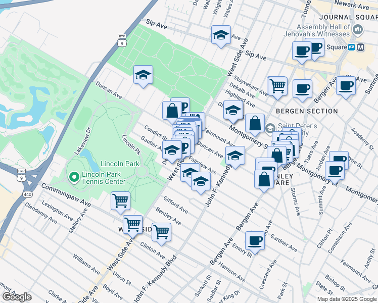 map of restaurants, bars, coffee shops, grocery stores, and more near 164 Delaware Avenue in Jersey City