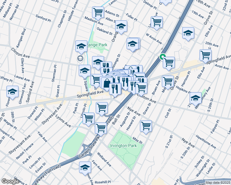 map of restaurants, bars, coffee shops, grocery stores, and more near 1015 Springfield Avenue in Irvington