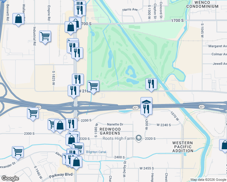 map of restaurants, bars, coffee shops, grocery stores, and more near 1176 West 2100 South in Salt Lake City