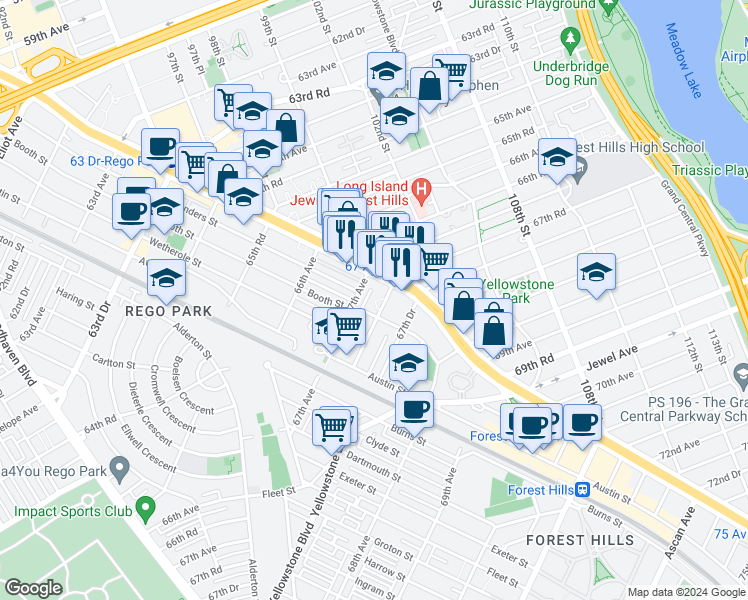 map of restaurants, bars, coffee shops, grocery stores, and more near 9934 67th Avenue in Queens