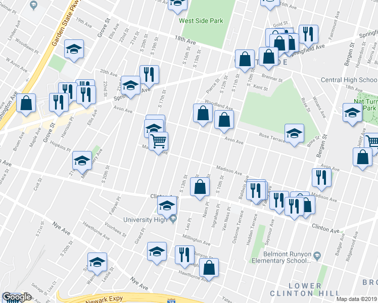 map of restaurants, bars, coffee shops, grocery stores, and more near 800 South 14th Street in Newark