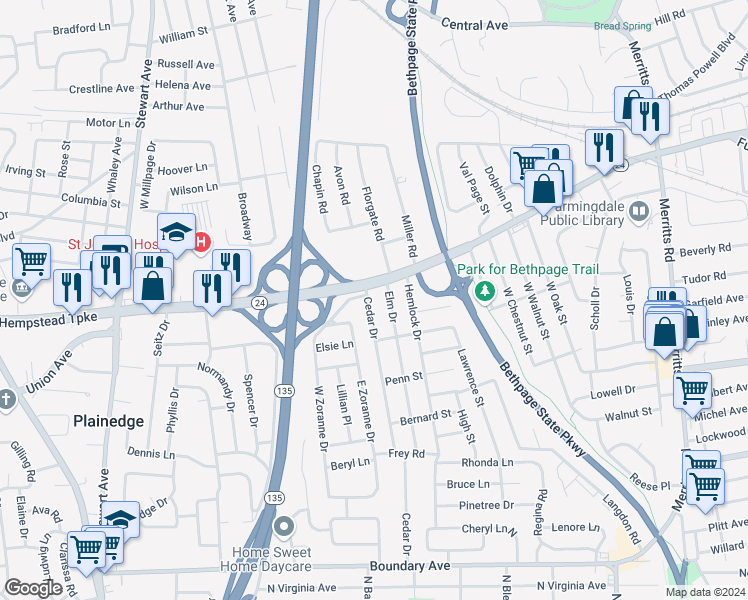 map of restaurants, bars, coffee shops, grocery stores, and more near 5 Cedar Drive in Farmingdale