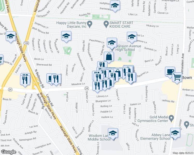 map of restaurants, bars, coffee shops, grocery stores, and more near 5 Valley Road in Levittown