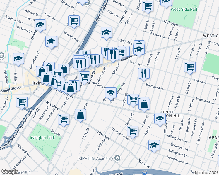 map of restaurants, bars, coffee shops, grocery stores, and more near 80 Ellis Avenue in Irvington