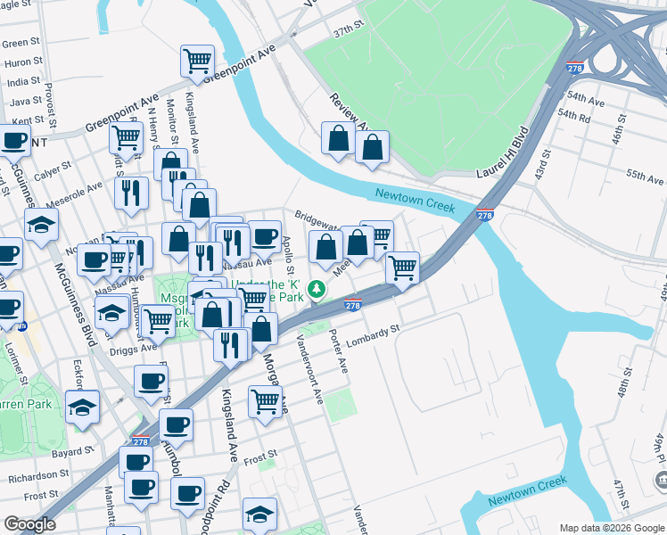 map of restaurants, bars, coffee shops, grocery stores, and more near 345A Nassau Avenue in Brooklyn