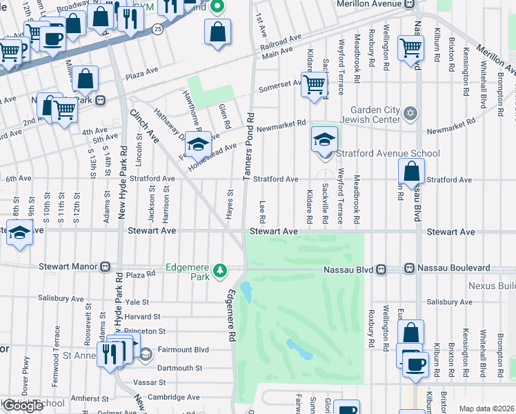map of restaurants, bars, coffee shops, grocery stores, and more near 110 Lee Road in Garden City