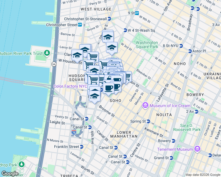 map of restaurants, bars, coffee shops, grocery stores, and more near 113 Sullivan Street in New York