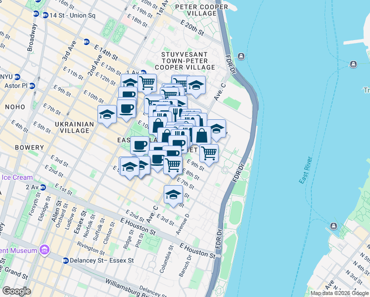 map of restaurants, bars, coffee shops, grocery stores, and more near 375 East 10th Street in New York
