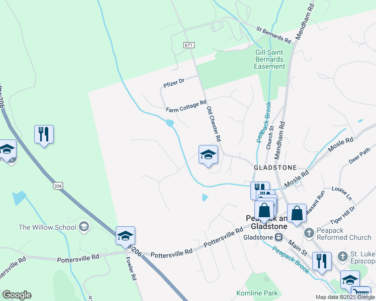 map of restaurants, bars, coffee shops, grocery stores, and more near 10 Brook Hollow Road in Peapack and Gladstone