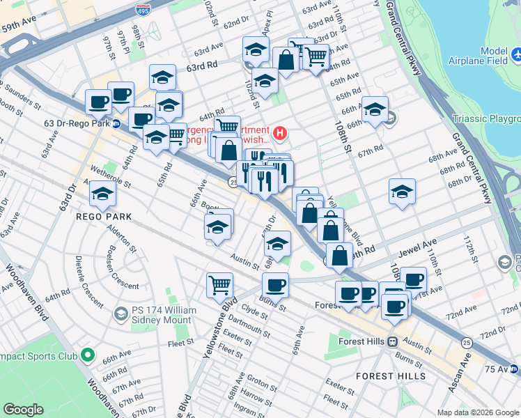 map of restaurants, bars, coffee shops, grocery stores, and more near in Queens