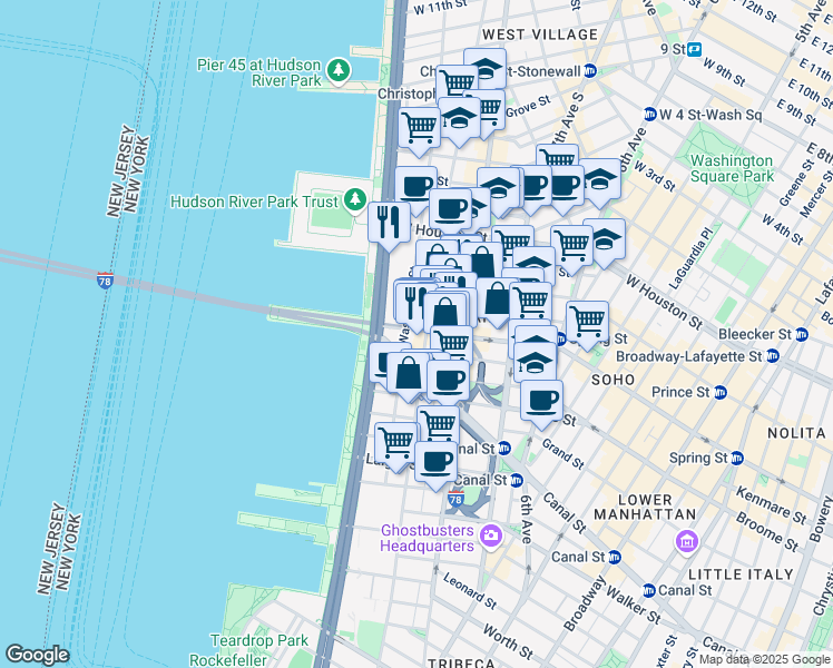 map of restaurants, bars, coffee shops, grocery stores, and more near 326 Spring Street in New York