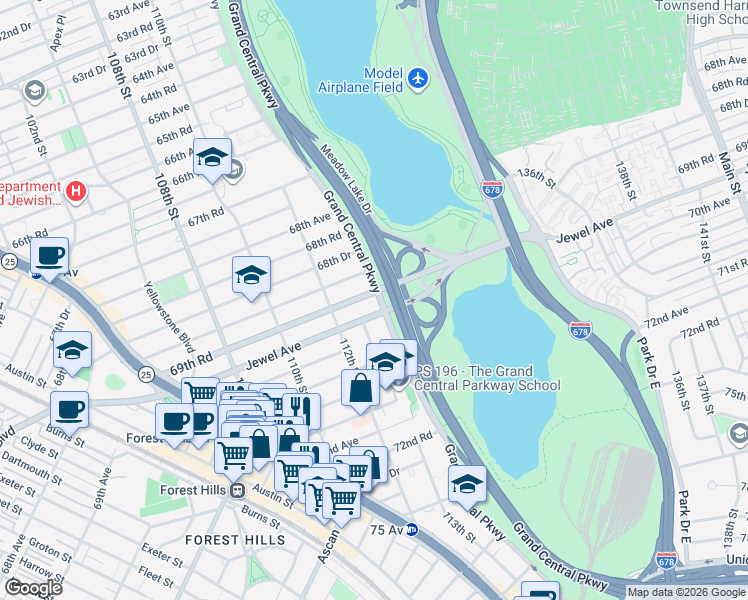 map of restaurants, bars, coffee shops, grocery stores, and more near 69-30 Grand Central Parkway in Queens