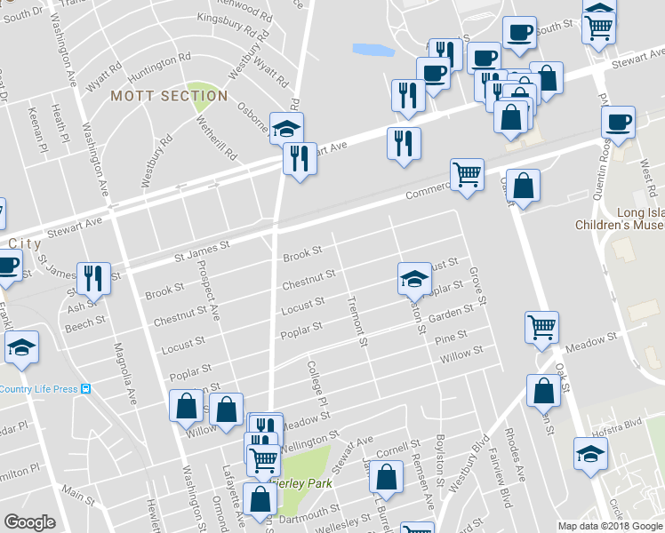 map of restaurants, bars, coffee shops, grocery stores, and more near 119 Chestnut Street in Garden City
