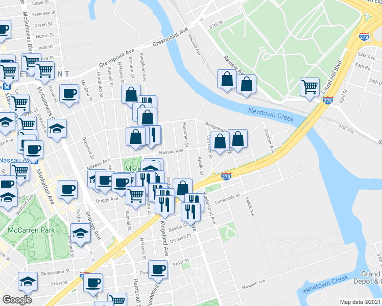 map of restaurants, bars, coffee shops, grocery stores, and more near 296A Nassau Avenue in Brooklyn