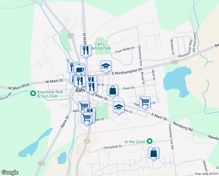map of restaurants, bars, coffee shops, grocery stores, and more near 233 Penn Street in Bath