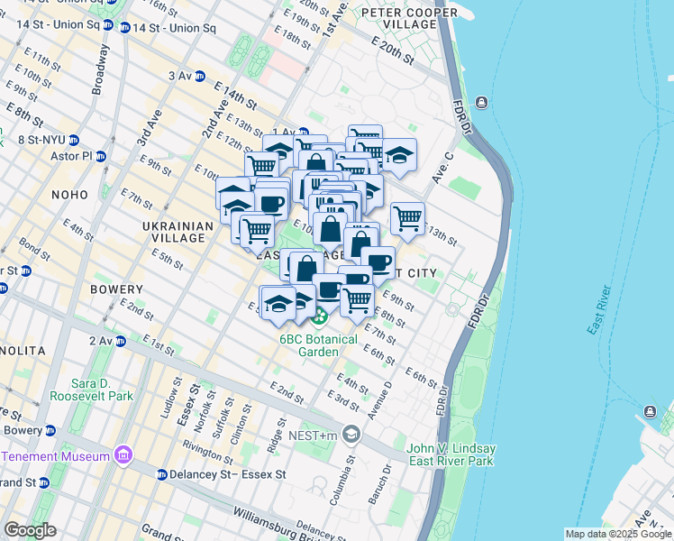 map of restaurants, bars, coffee shops, grocery stores, and more near 608 East 9th Street in New York